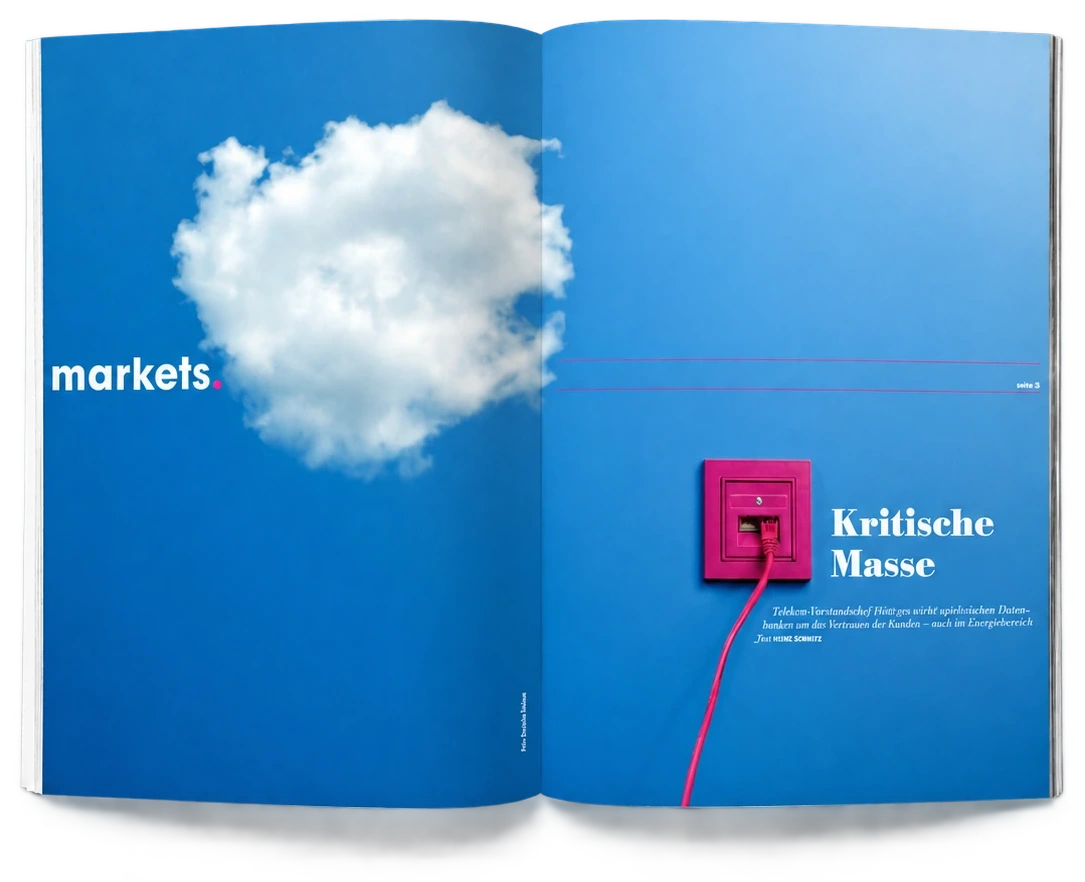 Kritische Masse: Magazindoppelseite mit Wolke und pinkem Datenanschluss