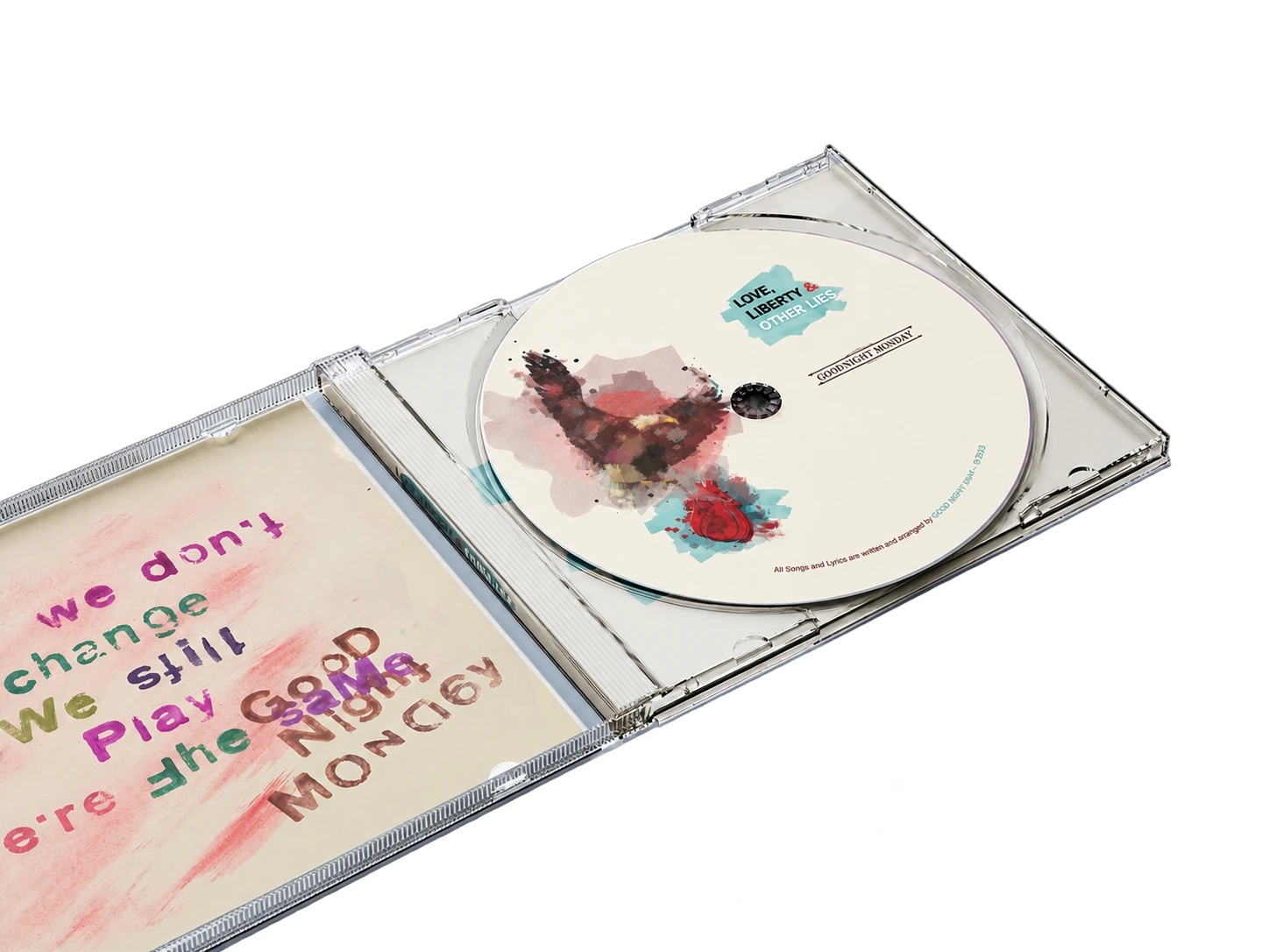 Freigestellte geöffnete CD-Hülle mit bedruckter Disc und Booklet
